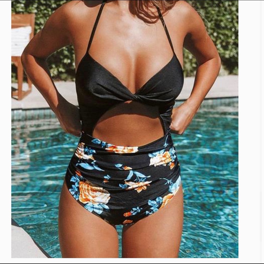 Black Floral Print Halter One Piece Swimsuit